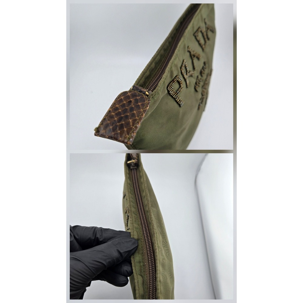 Prada Olive Green Nylon Beaded Logo Pouch Makeup Bag Clutch Milano Italy - Picture 8 of 8